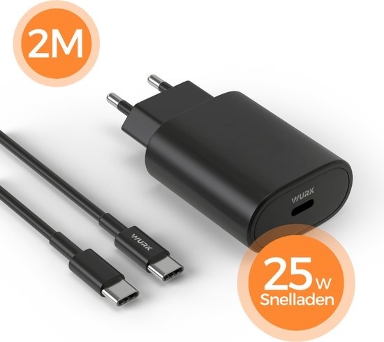 Wurk 25W Charger - Chargeur rapide adapté à Samsung - Chargeur rapide Quick Charge - Câble USB-C 2M - Noir
