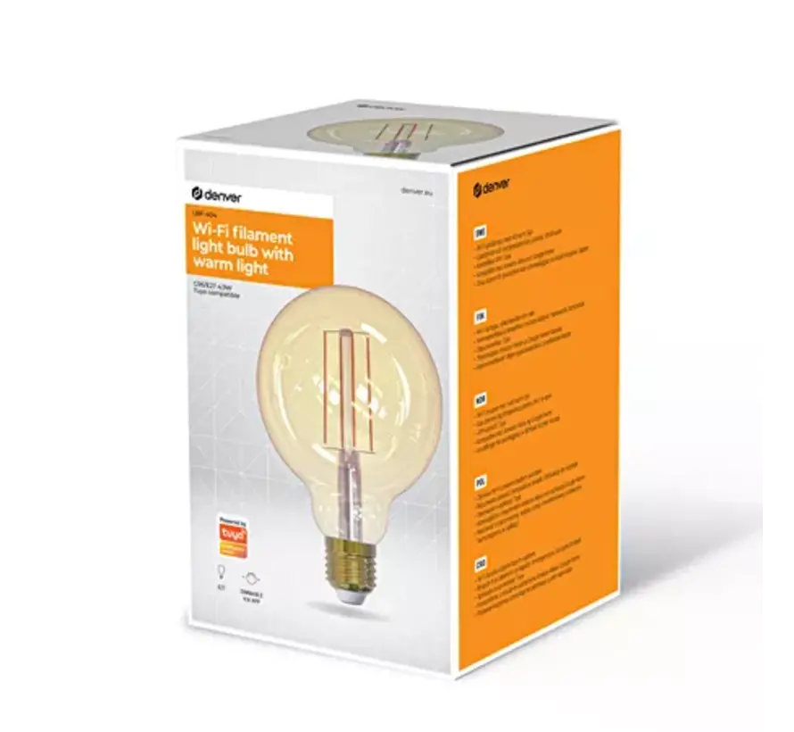 Denver LBF-404 - Ampoule Wifi Filament - Douille G95 E27 - Dimmable - Fonctionne avec TUYA - Google Home - Amazon Alexa - Blanc chaud