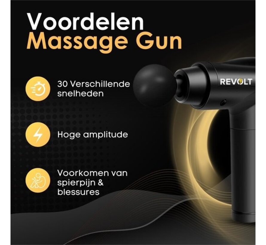Revolt - Pistolet de massage - 30 vitesses différentes - 6 accessoires - étui de rangement de luxe - Tissu profond - Pour la récupération musculaire et les blessures - Amplitude élevée