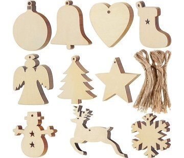 Giftmas Giftmas Boules de Noël en bois - Décorations de Noël pour l'intérieur - Boule de Noël en bois - Noël - 10 Formes - ⌀7.5cm - 50 Pièces