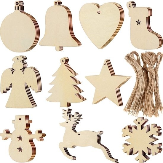 Giftmas Boules de Noël en bois - Décorations de Noël pour l'intérieur - Boule de Noël en bois - Noël - 10 Formes - ?7.5cm - 50 Pièces