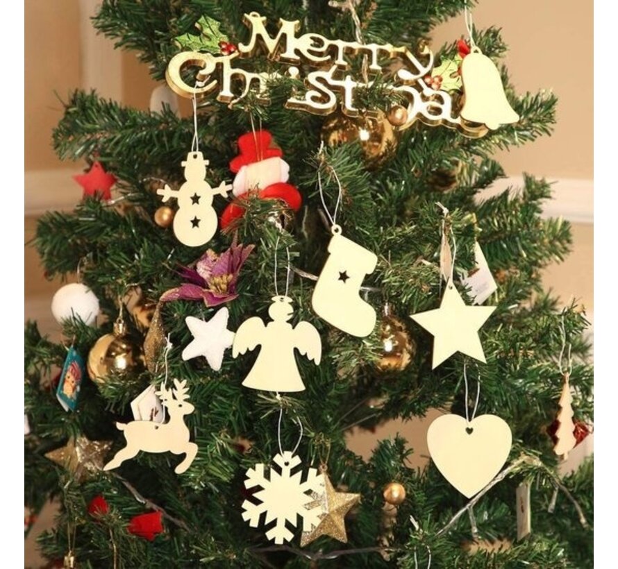 Giftmas Boules de Noël en bois - Décorations de Noël pour l'intérieur - Boule de Noël en bois - Noël - 10 Formes - ⌀7.5cm - 50 Pièces