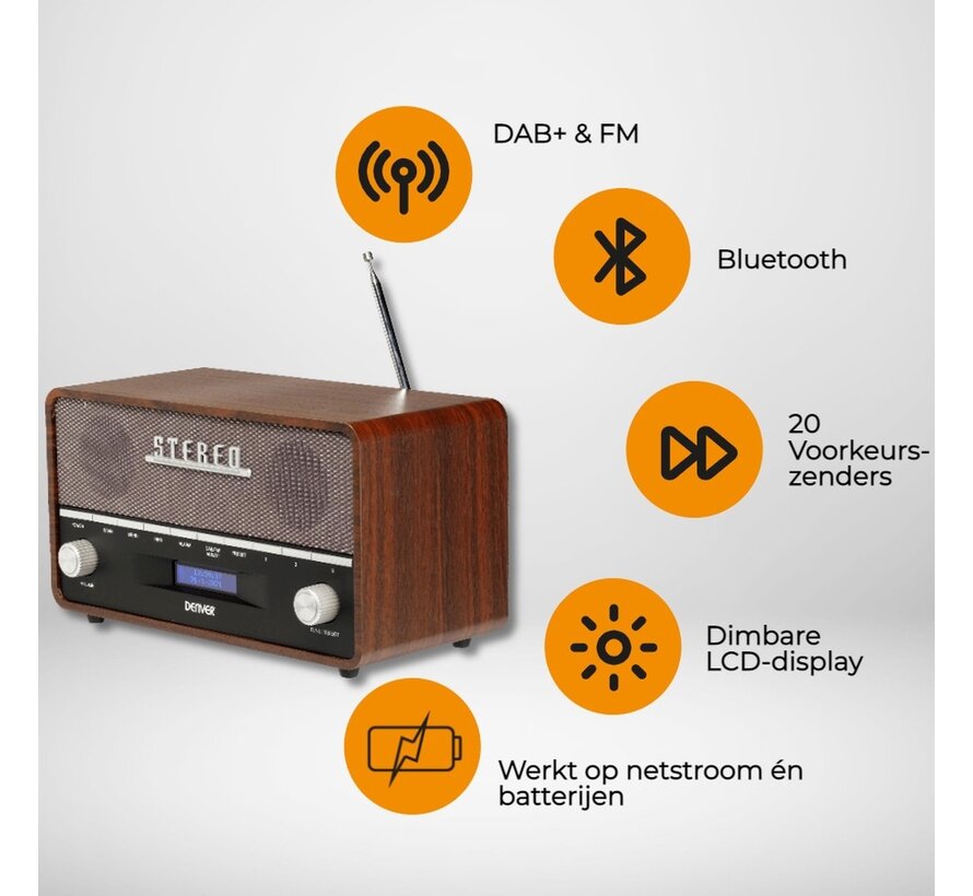 Denver DAB Radio - Retro Radio XL - DAB+/ FM Radio - Bluetooth - Dimmable - 100W - Batteries & secteur - DAB36 - Bois