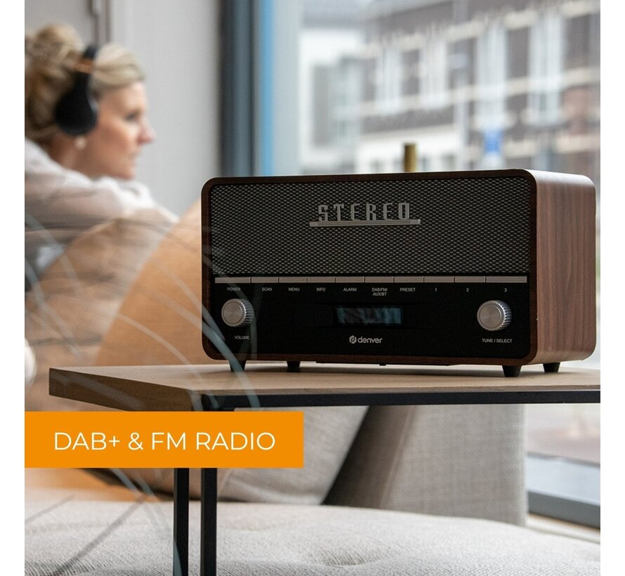Denver DAB Radio - Retro Radio XL - DAB+/ FM Radio - Bluetooth - Dimmable - 100W - Batteries & secteur - DAB36 - Bois