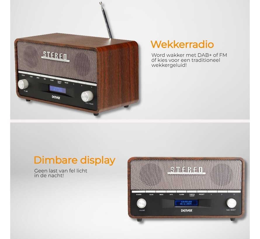 Denver DAB Radio - Retro Radio XL - DAB+/ FM Radio - Bluetooth - Dimmable - 100W - Batteries & secteur - DAB36 - Bois