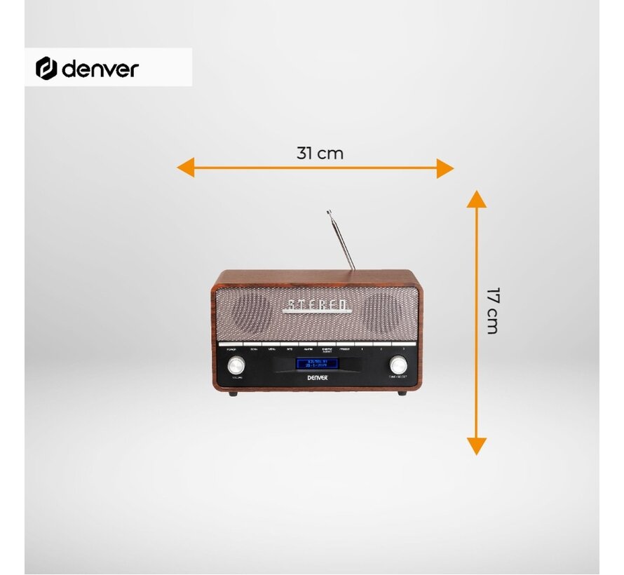 Denver DAB Radio - Retro Radio XL - DAB+/ FM Radio - Bluetooth - Dimmable - 100W - Batteries & secteur - DAB36 - Bois