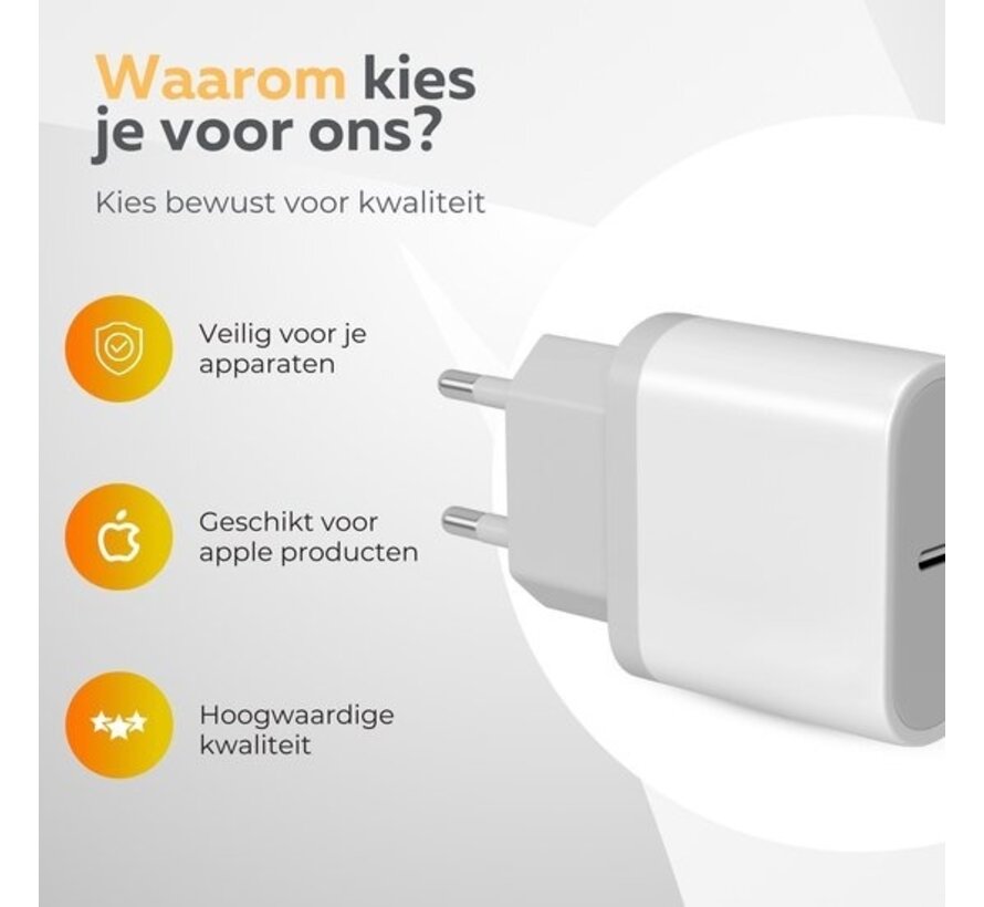 Adaptateur USB-C - Wurk - Chargeur rapide 20W - Convient aux produits Apple et Samsung - Chargeur rapide - Chargeur USB-C - 20W