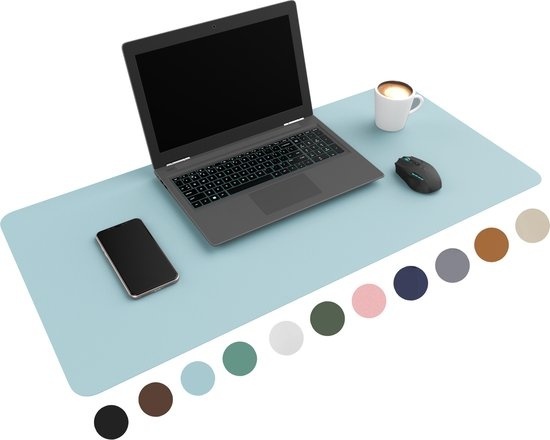 WURK Sous-main professionnel en cuir synthétique - Organiseur de bureau - Avec pince à câble - Bleu bébé - 80x40