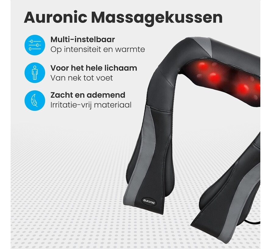 Auronic Coussin de Massage Shiatsu - Appareil électrique - Cou et épaules - Fonction chaleur avec infrarouge - Noir