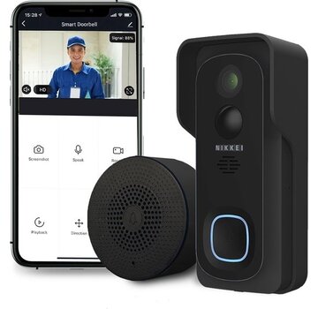 Nikkei Nikkei BELL4 Sonnette vidéo sans fil - Caméra Full HD et WiFi - Détecteur de mouvement et vision nocturne - Sonnette SMART - Stockage sur carte Micro SD - Noir