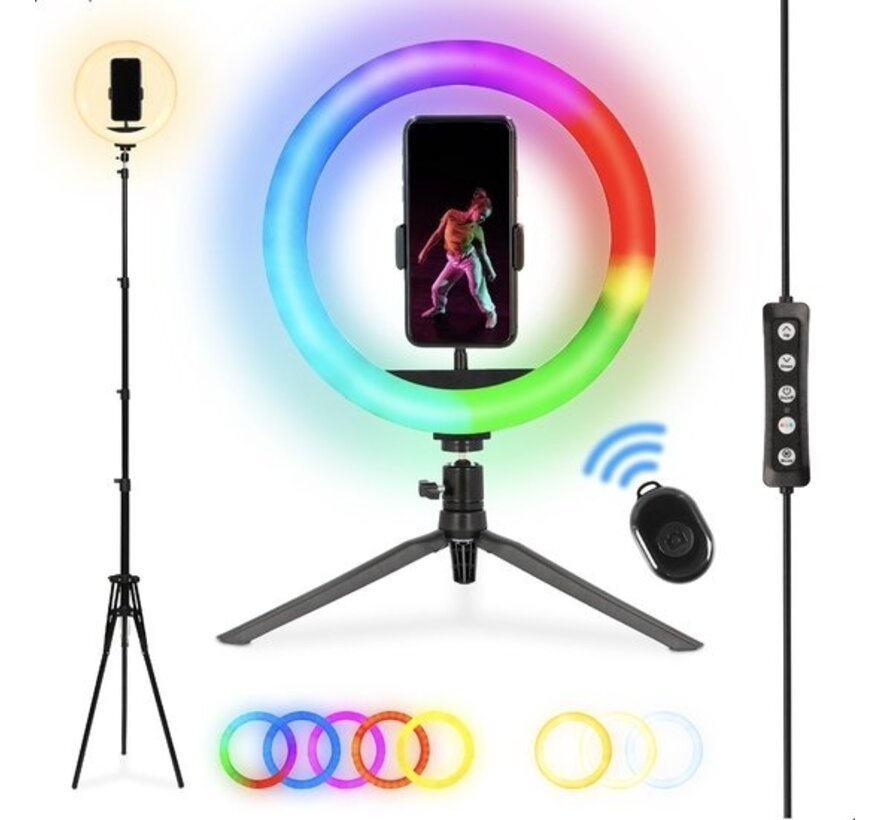 Nikkei RLIGHTX13 Ring Lamp with Tripod Smartphone - Ringlight 13 inch - 99+ Colours and Effects - Remote Control - Adjustable Tripod up to 2 metres - TikTok Selfie Lamp