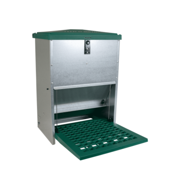 Feed-O-Matic Mangeoire automatique pour poules - Feedomatic - Distributeur automatique de nourriture pour poules - Bac à trappe - 54 x 35,5 x 25,5 cm - 12 kg - Vert et argent