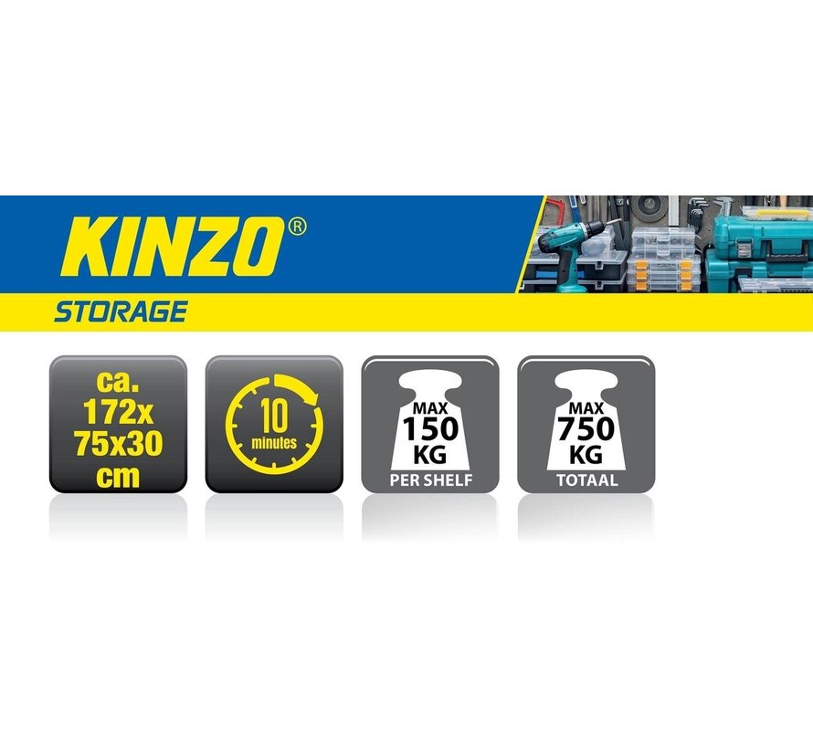 Kinzo Étagère de rangement en métal - 5 étagères - 172 x 75 x 30cm - Capacité de charge de 750 kg - 150kg par étagère