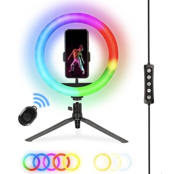 Nikkei Nikkei RLIGHTXMINI Lampe annulaire avec trépied Smartphone - Lampe annulaire - 10 pouces - 99+ couleurs et effets RVB - Télécommande - Lampe TikTok Selfie