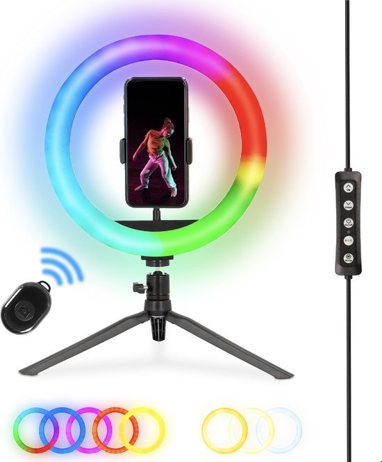 Nikkei RLIGHTXMINI Lampe annulaire avec trépied Smartphone - Lampe annulaire - 10 pouces - 99+ couleurs et effets RVB - Télécommande - Lampe TikTok Selfie
