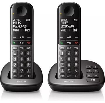 Philips Philips XL4952DS - Téléphone DECT avec répondeur - Téléphone sans fil pour personnes âgées avec 2 combinés - grosses touches, augmentation du volume et compatibilité avec les appareils auditifs - Noir