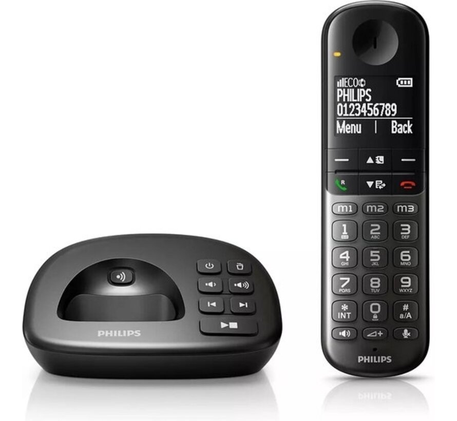 Philips XL4952DS - Téléphone DECT avec répondeur - Téléphone sans fil pour personnes âgées avec 2 combinés - grosses touches, augmentation du volume et compatibilité avec les appareils auditifs - Noir
