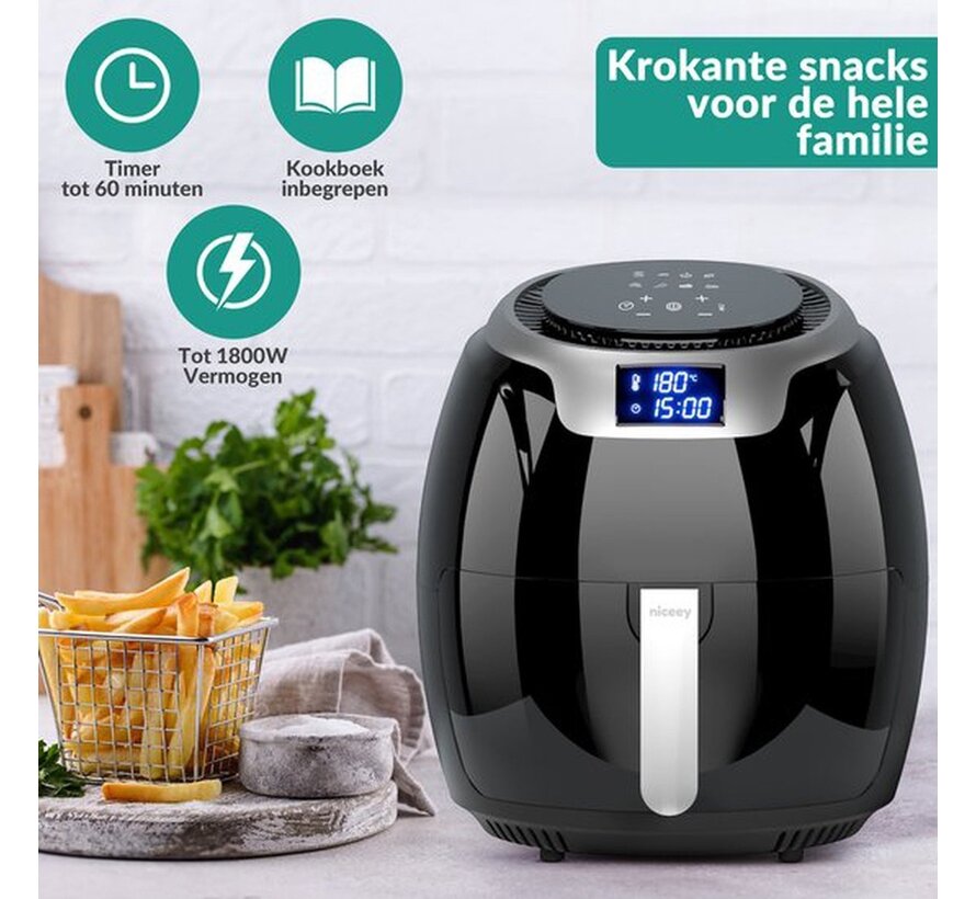 Niceey Airfryer XXL - Friteuse à air chaud - 1800W - 8.0L - Livre de recettes inclus - Noir