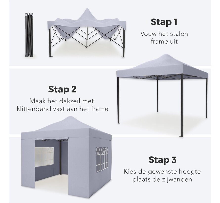 Chapiteau de jardin LifeGoods - 3x3 m - Pliable - Etanche- Parois  - Sac de transport à roulettes - Gris foncé