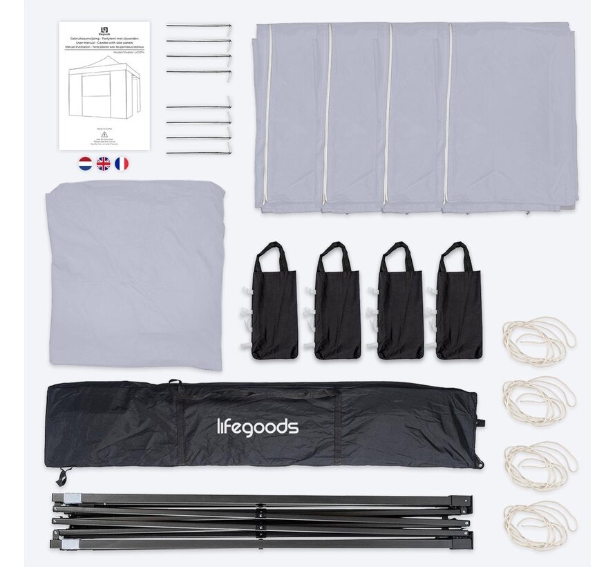 Chapiteau de jardin LifeGoods - 3x3 m - Pliable - Etanche- Parois  - Sac de transport à roulettes - Gris foncé