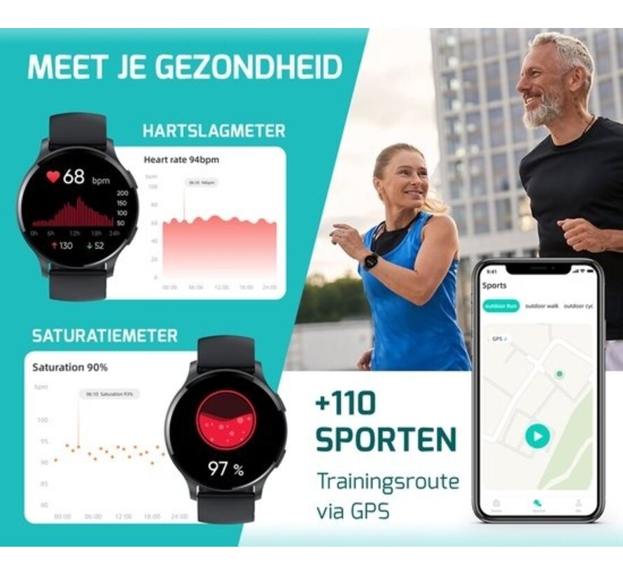 FITAGE Montre de sport - Smartwatch - Montre podomètre - Smartwatches - Traqueur d'activité - GPS - Femmes et hommes - Noir