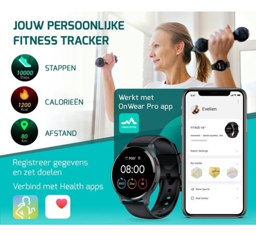 FITAGE Montre de sport - Smartwatch - Montre podomètre - Smartwatches - Traqueur d'activité - GPS - Femmes et hommes - Noir