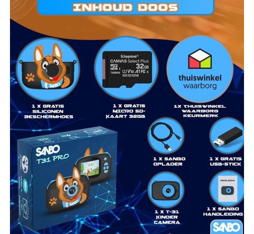 Sanbo T31 Pro Kids Camera - Blue / Black - Incl. 32Gb Sd Card and Reader - Caméra photo Kids - Vlogging - Play camera