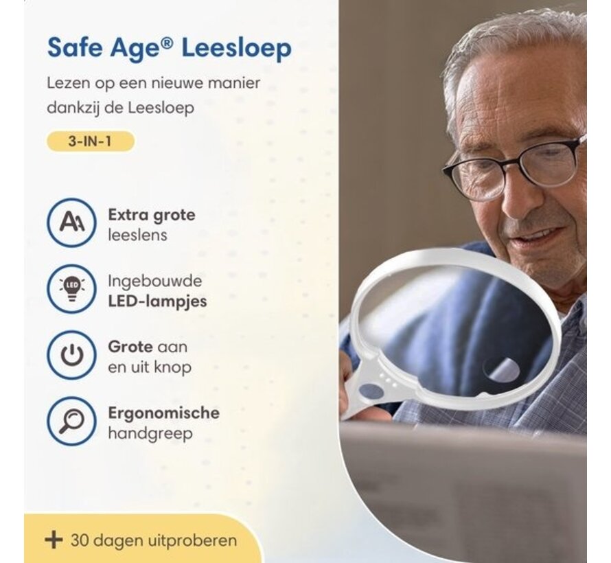 Safe Age® Loupe avec éclairage - 3 x LED - 2x 4x 25x - Loupe de lecture pour personnes âgées - Loupe avec éclairage LED - Loupe pour adultes
