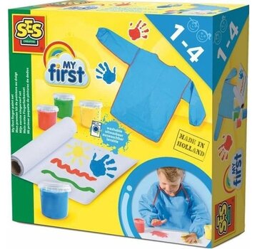 SES - My First - Kit de peinture au doigt - 4 couleurs de peinture - tablier et rouleau de papier (2 mètres) inclus - hypoallergénique - facilement lavable