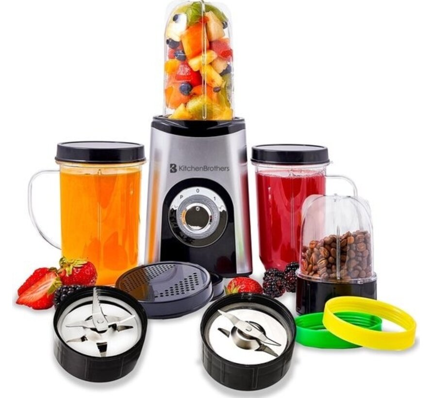 Mixeur Smoothie - KitchenBrothers - 13 Pièces - 4  Gobelets - 350W - acier inoxydable