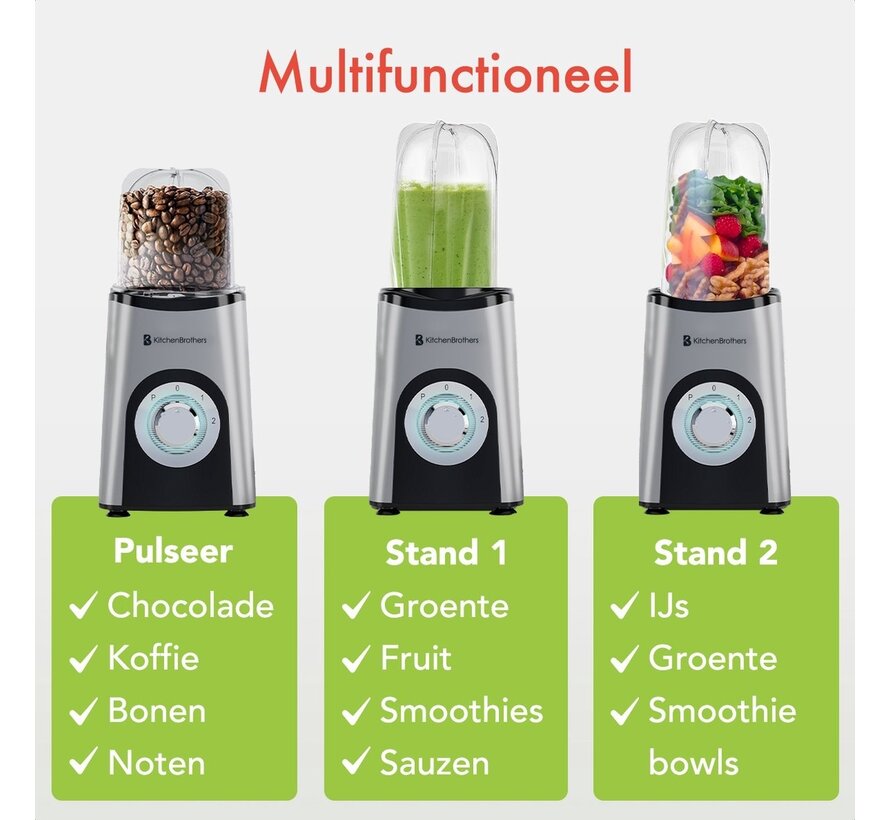 Mixeur Smoothie - KitchenBrothers - 13 Pièces - 4  Gobelets - 350W - acier inoxydable