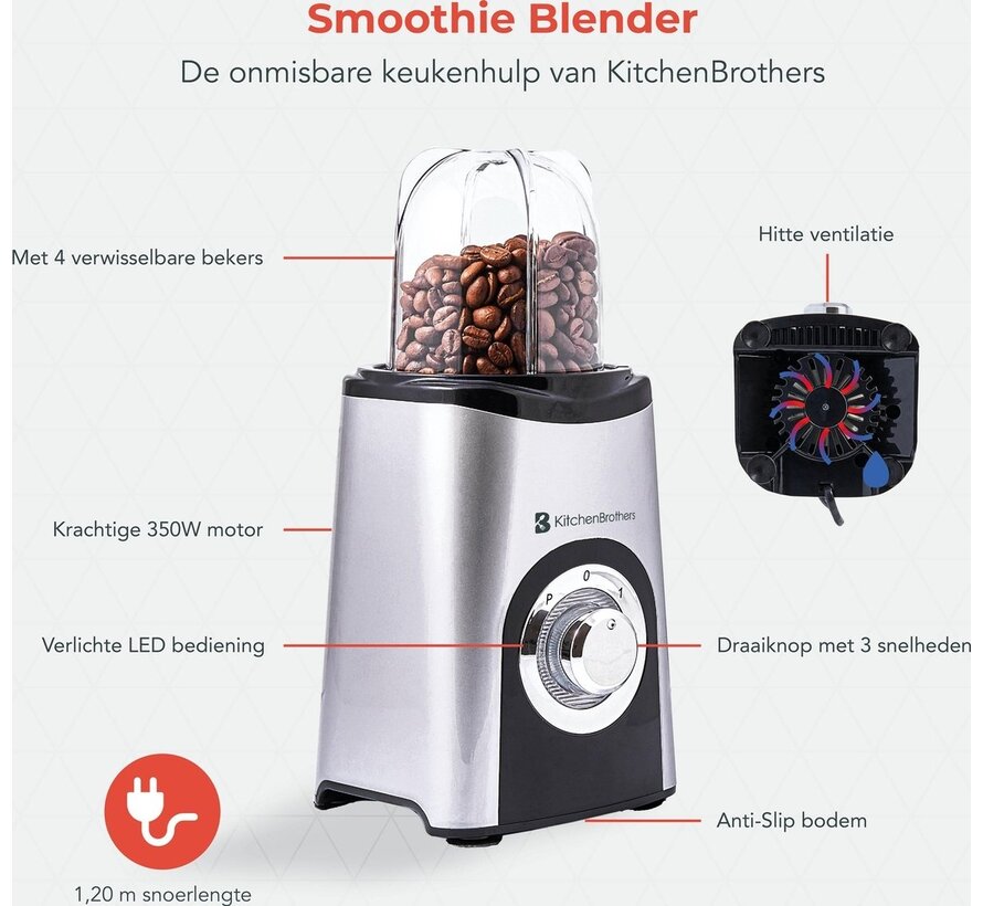 Mixeur Smoothie - KitchenBrothers - 13 Pièces - 4  Gobelets - 350W - acier inoxydable