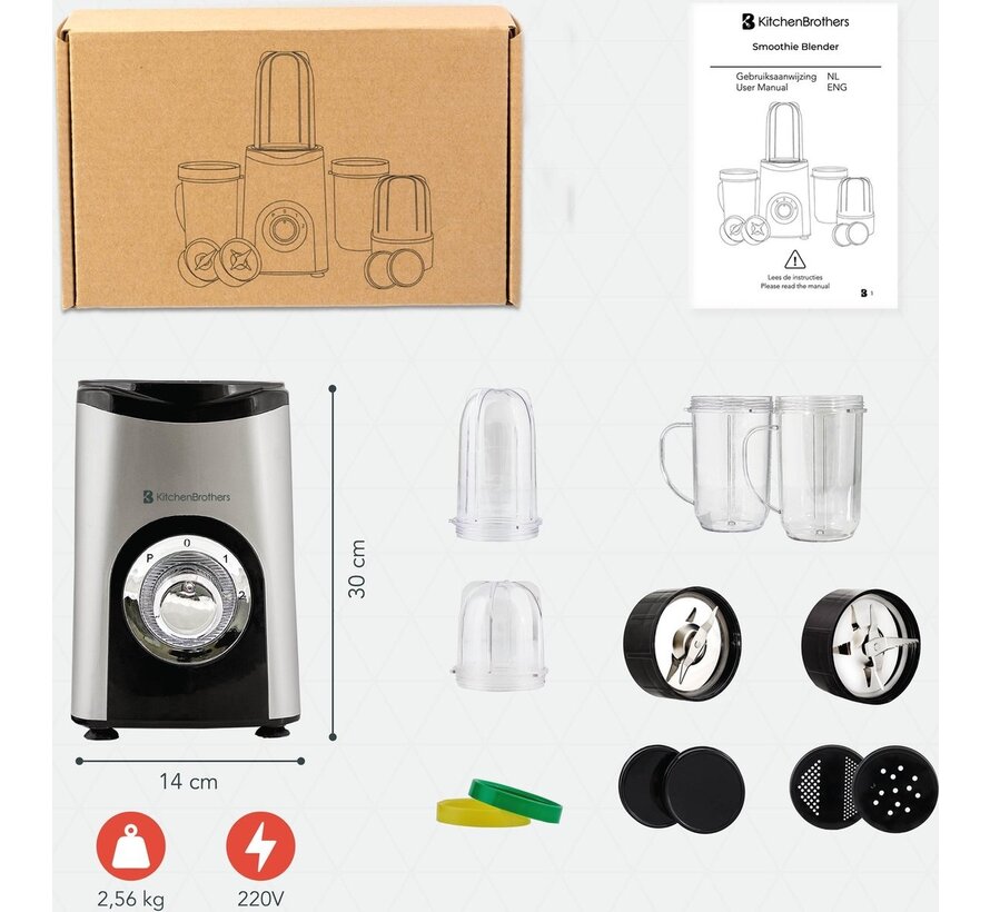 Mixeur Smoothie - KitchenBrothers - 13 Pièces - 4  Gobelets - 350W - acier inoxydable