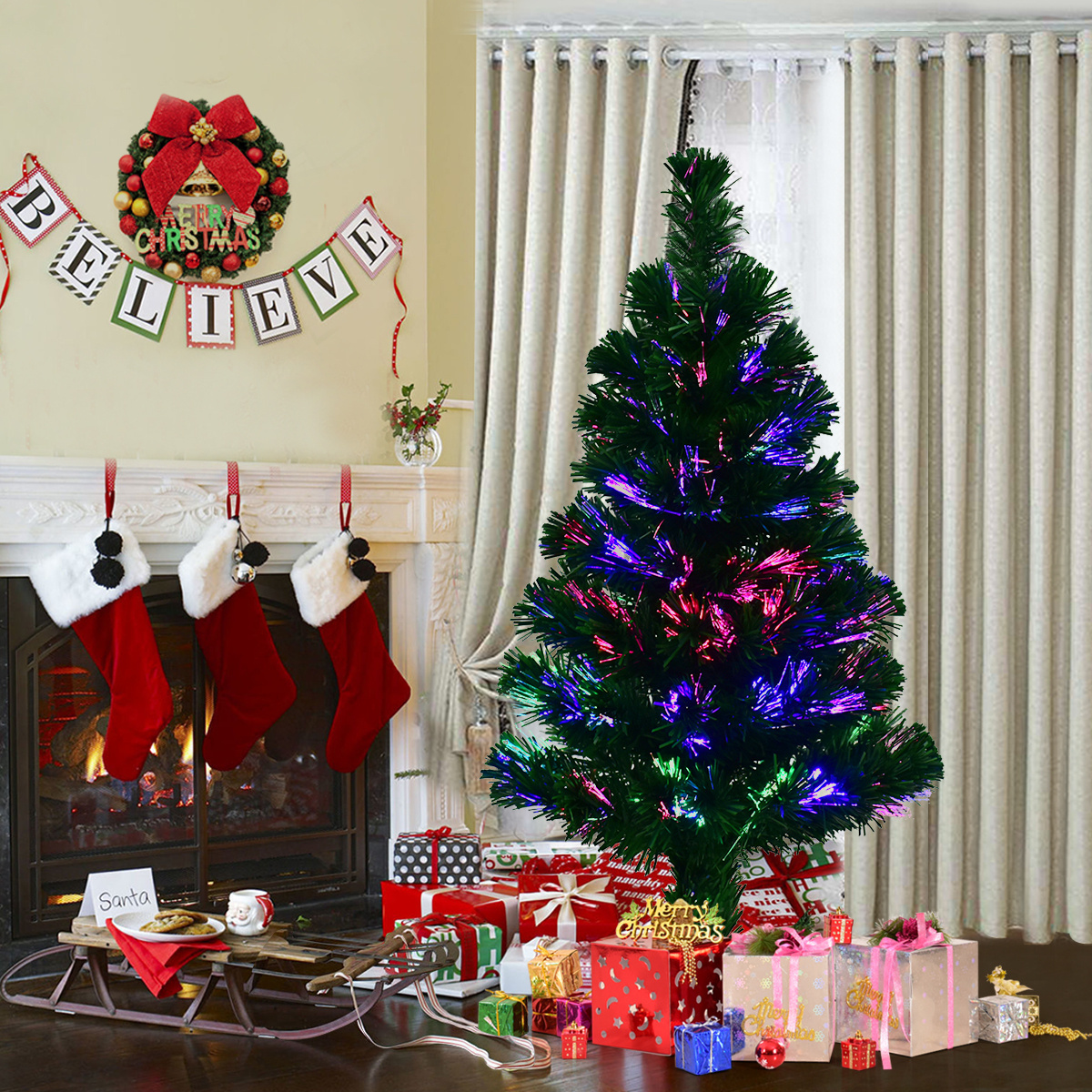 Arbre de Noël 90/120/150/180 cm Arbre de Noël artificiel Sapin vert avec changeur de couleurs en fibre de verre