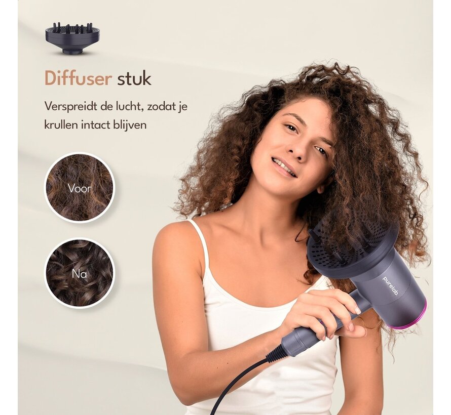 Sèche-cheveux - Purelab - avec diffuseur - Sèche-cheveux ionique - 3 niveaux - Noir