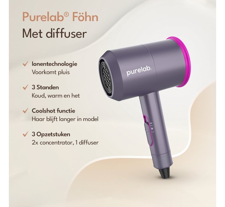 Sèche-cheveux - Purelab - avec diffuseur - Sèche-cheveux ionique - 3 niveaux - Noir