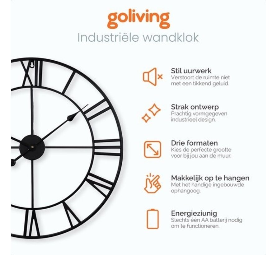 Horloge murale industrielle Goliving - Mouvement silencieux - Horloge murale moderne - Métal - Ø 60cm - Noir