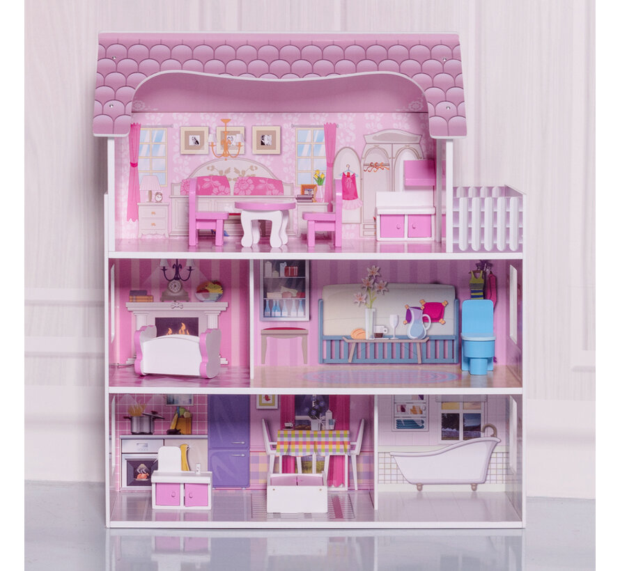 Chambre de poupée à 3 étages villa de poupée en bois fille rose