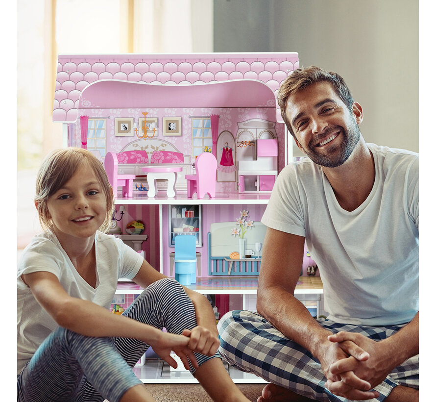 Chambre de poupée à 3 étages villa de poupée en bois fille rose