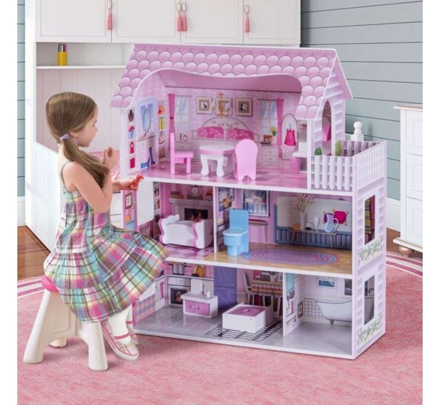 Chambre de poupée à 3 étages villa de poupée en bois fille rose