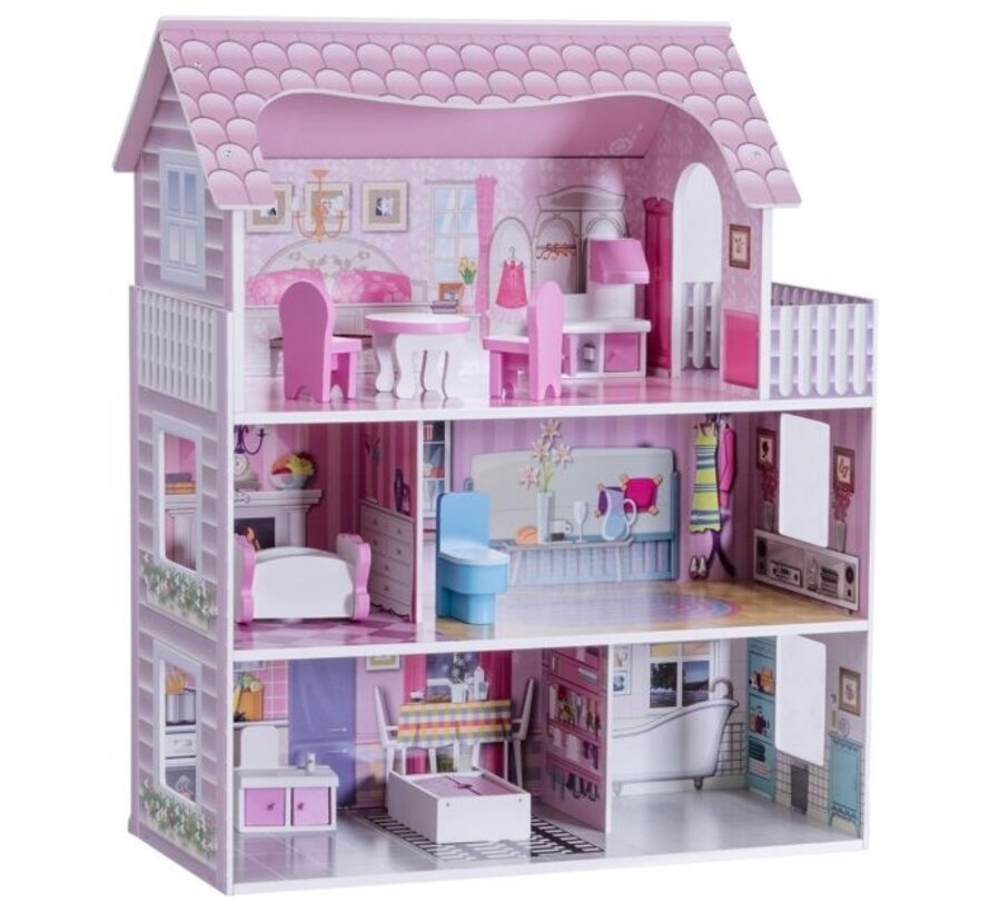 Chambre de poupée à 3 étages villa de poupée en bois fille rose