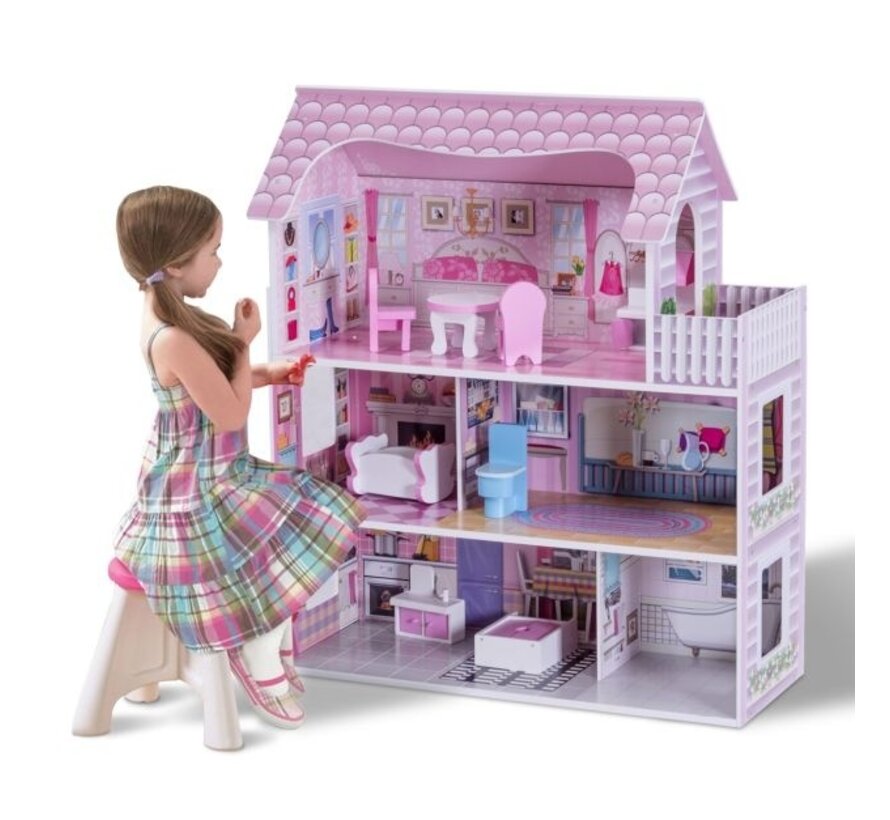 Chambre de poupée à 3 étages villa de poupée en bois fille rose