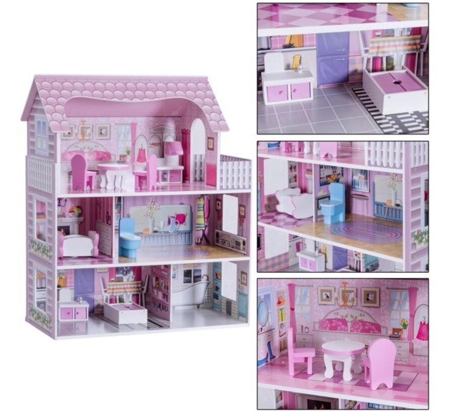 Chambre de poupée à 3 étages villa de poupée en bois fille rose