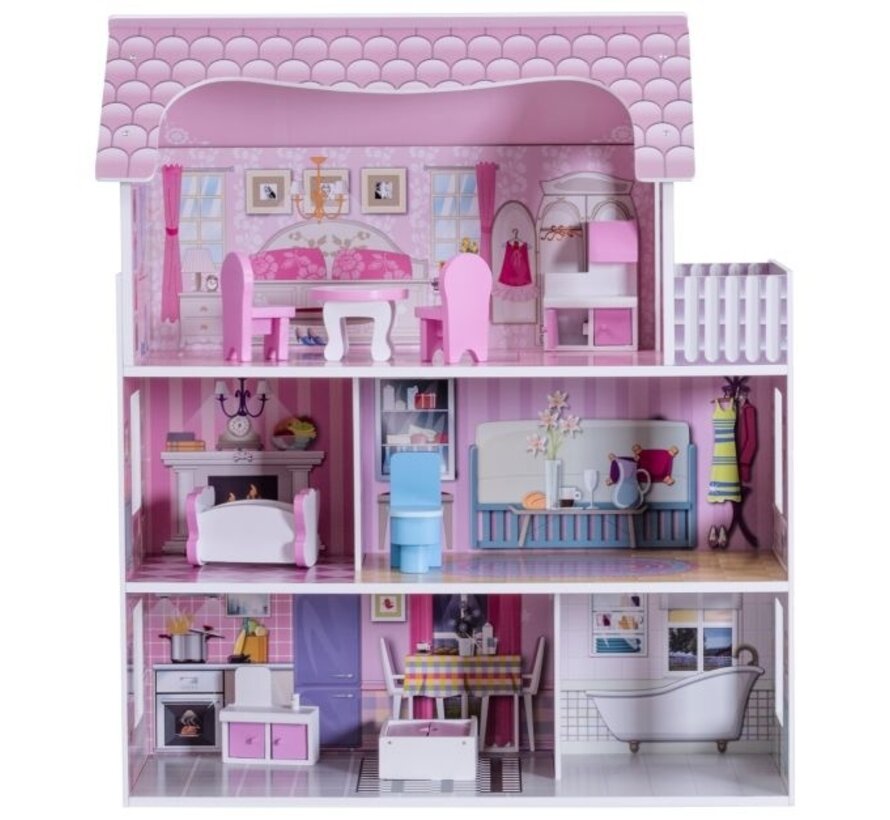 Chambre de poupée à 3 étages villa de poupée en bois fille rose