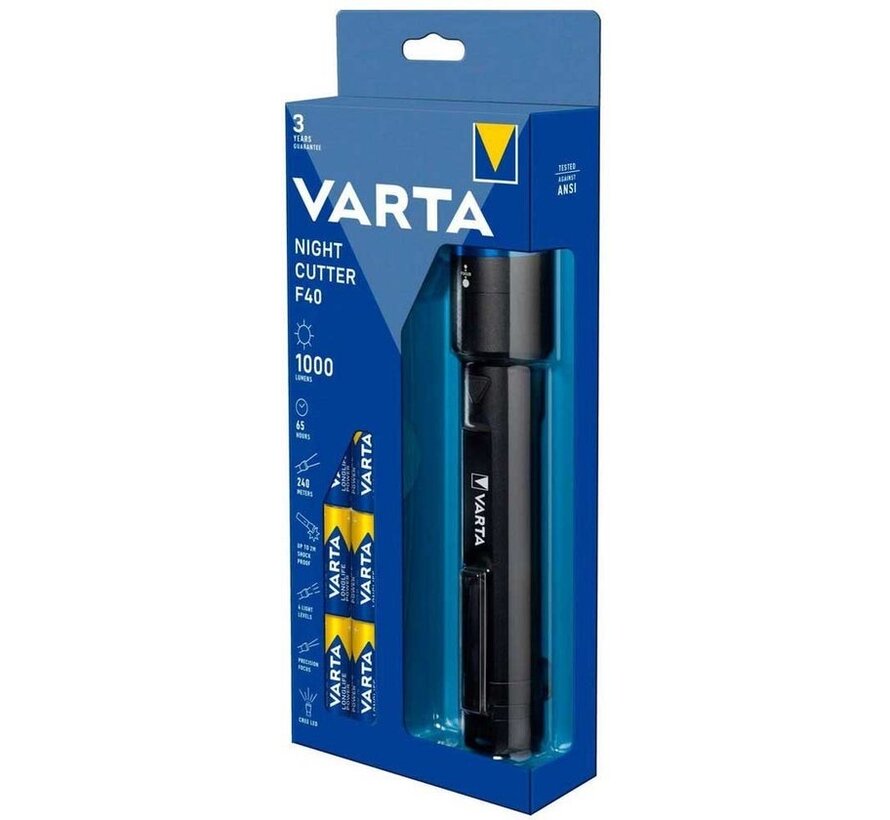 Torche LED Varta - F40 Night Cutter, mise au point progressive, résistante aux éclaboussures et aux chocs