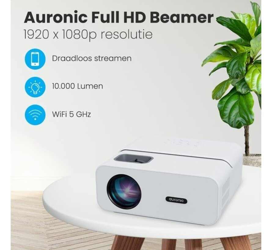 Projecteur 170 pouces - Auronic Beamer - Télécommande et sac de transport - 10 000 Lumens - WiFi  - Full HD - Câble HDMI - Blanc