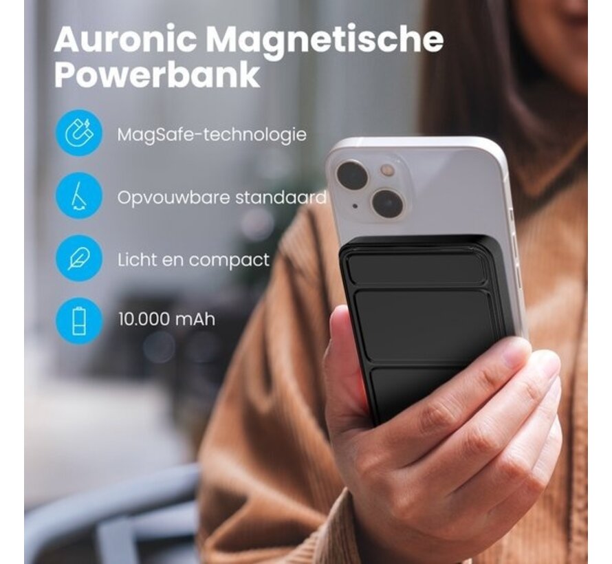 Auronic Powerbank - 10 000 mAh - 22,5W - Chargeur rapide pour iPhone 12/13/14/15 - Chargement magnétique et sans fil - Noir
