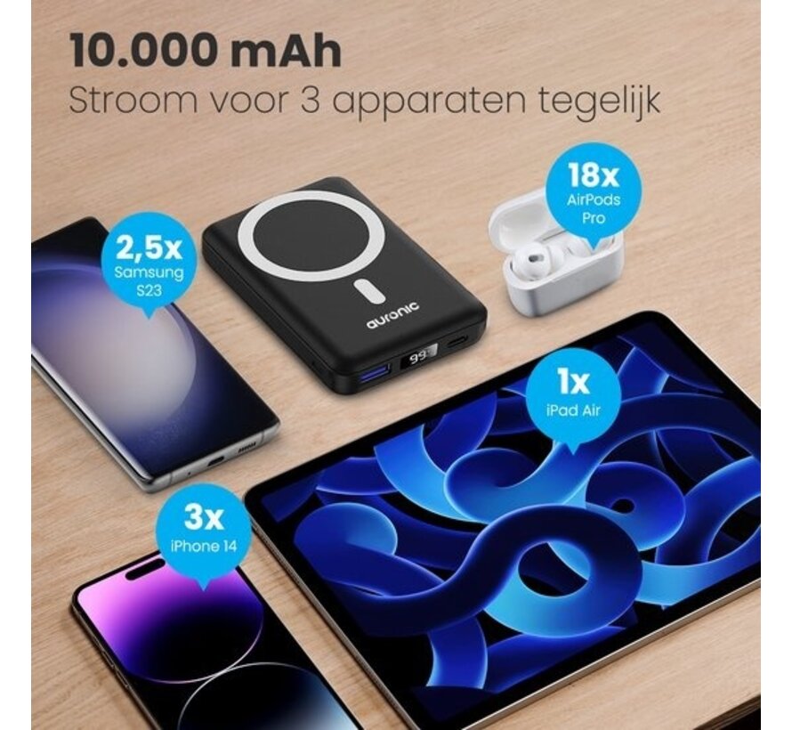 Auronic Powerbank - 10 000 mAh - 22,5W - Chargeur rapide pour iPhone 12/13/14/15 - Chargement magnétique et sans fil - Noir