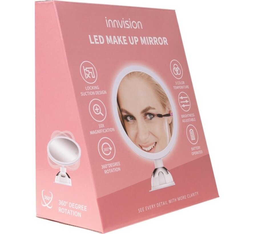 Innovision Miroir de maquillage avec éclairage et ventouse - réglable sur 360° - grossissement 10x
