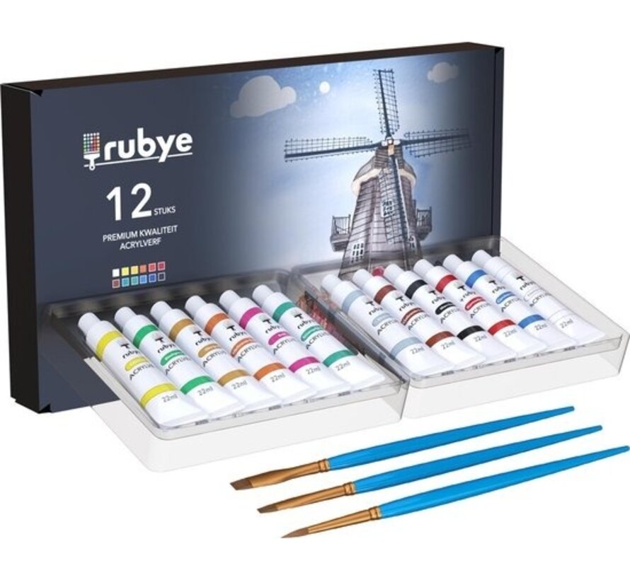 Rubye® Acrylic Painting - Peinture - Pinceaux - Hobby and Creative - Painting by Number - 22ML Tubes - 12 Couleurs